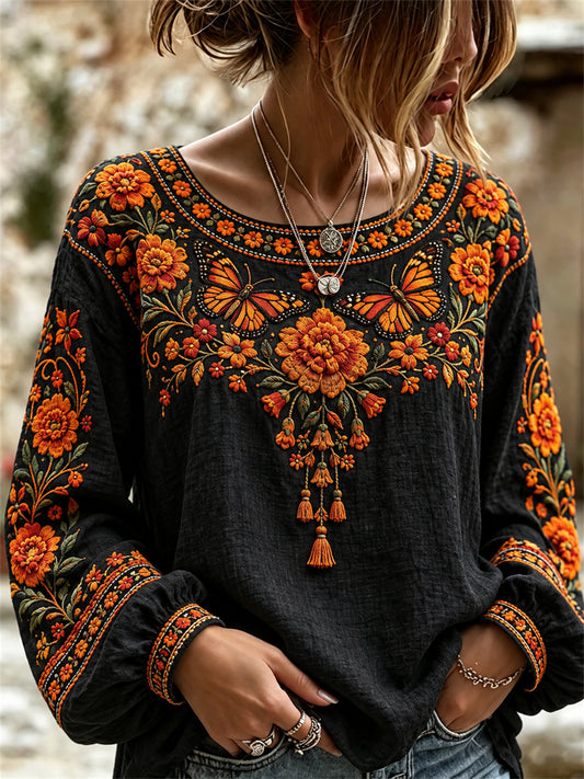 Women's Day of the Dead Monarch Butterflies & Marigolds Floral Print Shirt