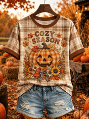 Women's Vintage Cozy Season Pumpkin Plaid Print Short-sleeved T-shirt