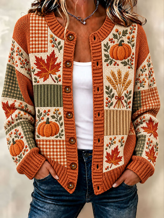 Women's Autumn Maple Leaf Pumpkin Cardigan-Style Knit Jacket