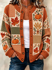 Women's Autumn Maple Leaf Pumpkin Cardigan-Style Knit Jacket