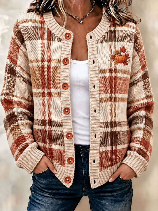 Women's Autumn Maple Leaf Pumpkin Checkered Pattern Cardigan-Style Knit Jacket