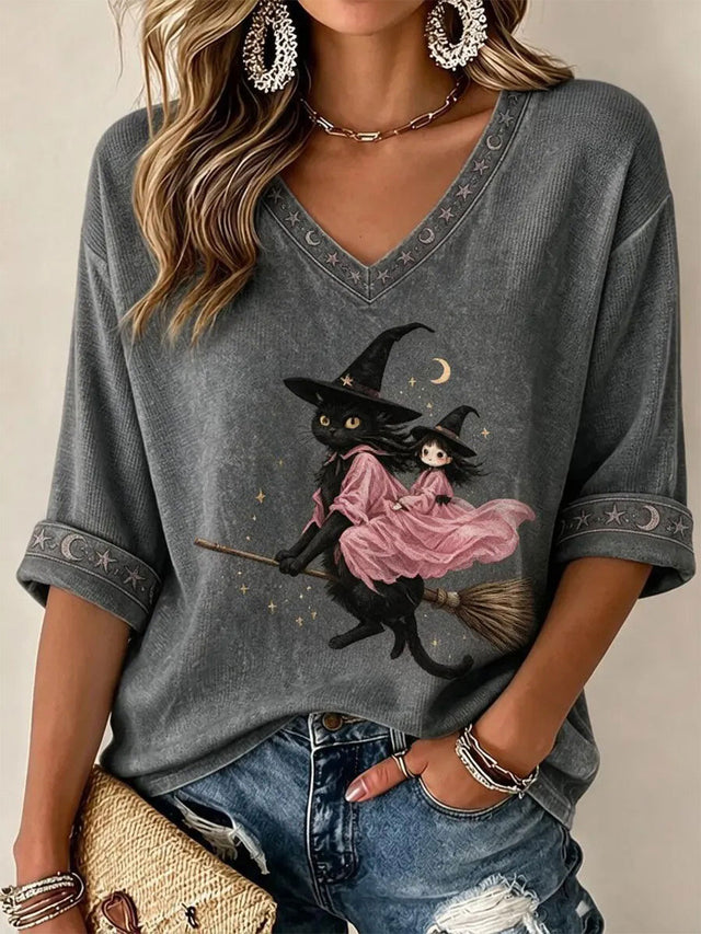 Women's Breast Cancer Awareness Halloween Cat Print T-Shirt