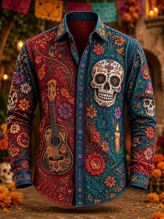 Men's Mexico Day of The Dead Art Print Casual Shirt