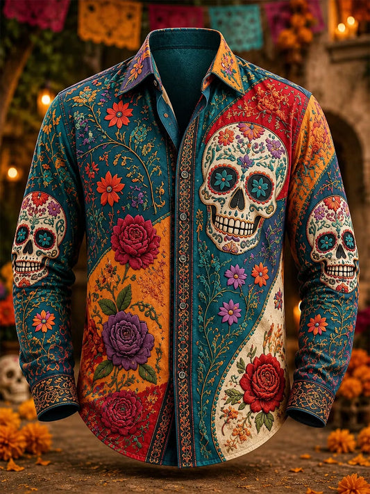 Men's Mexico Day of The Dead Art Print Casual Shirt