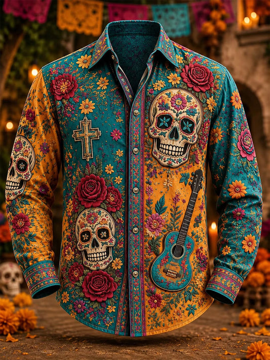 Men's Mexico Day of The Dead Art Print Casual Shirt