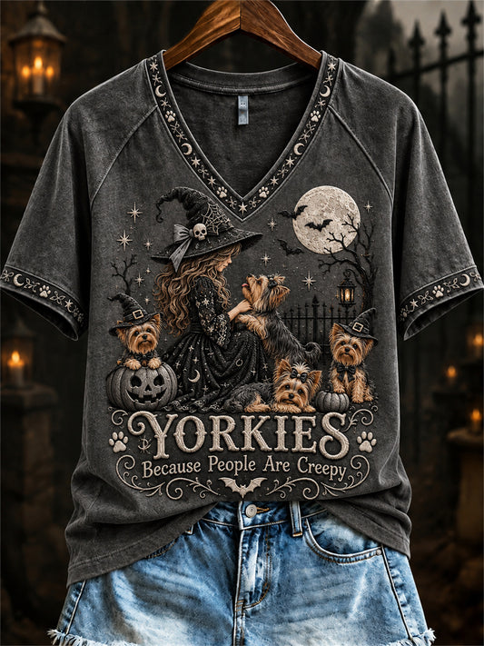 Women's Yorkies Because People Are Creepy Halloween Witch & Dogs Print short-sleeved T-shirt