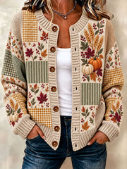 Women's Autumn Maple Leaf Pumpkin Cardigan-Style Knit Jacket