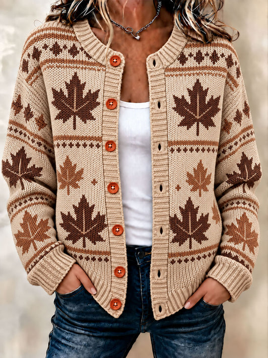 Women's Autumn Maple Leaf Cardigan-Style Knit Jacket