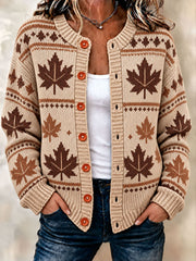 Women's Autumn Maple Leaf Cardigan-Style Knit Jacket