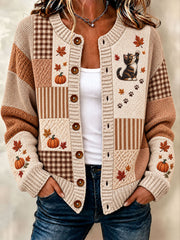 Women's Autumn Maple Leaf Pumpkin Cat Cardigan-Style Knit Jacket