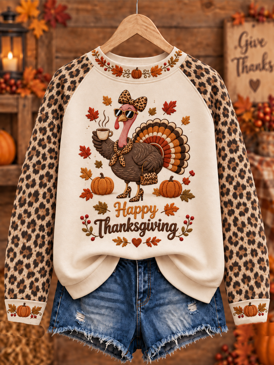 Women's Thanksgiving turkey print raglan sleeve sweatshirt