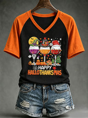 Women's Happy Hallothanksmas Print V-neck T-shirt