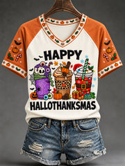 Women's Happy Hallothanksmas Print Halloween Thanksgiving Christmas Casual V-Neck Tee