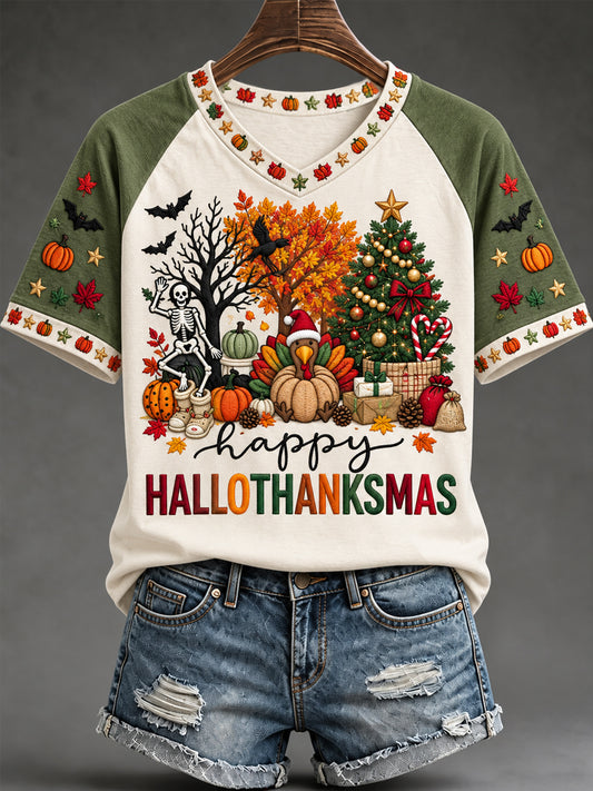 Women's Happy Hallothanksmas Print Halloween Thanksgiving Christmas Casual V-Neck Tee