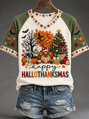 Women's Happy Hallothanksmas Print Halloween Thanksgiving Christmas Casual V-Neck Tee