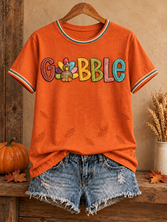 Women's Thanksgiving Turkey Gobble Art Printed T-shirt