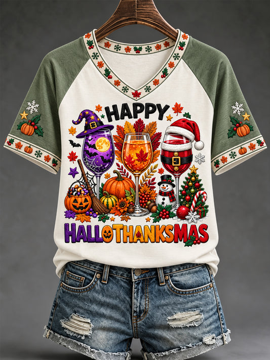 Women's Happy Hallothanksmas Print Halloween Thanksgiving Christmas Casual V-Neck Tee