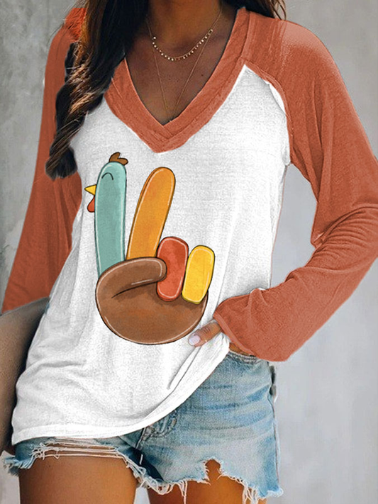 Women's Thanksgiving turkey print Double Layer Neck Long Sleeve T-Shirt