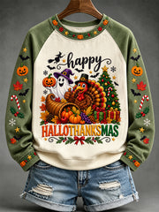 Women's Happy Hallothanksmas Print Halloween Thanksgiving Christmas Casual Sweatshirt