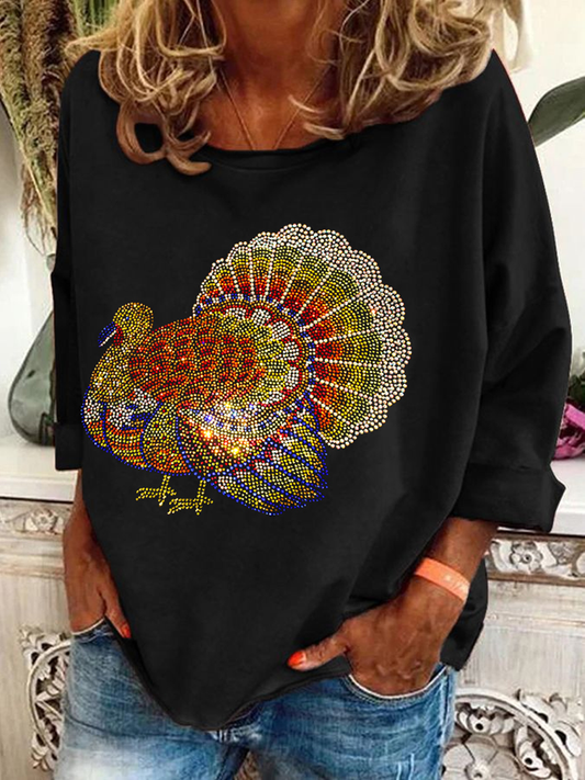 Women's Thanksgiving turkey print loose-fitting sweatshirt