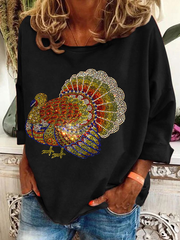 Women's Thanksgiving turkey print loose-fitting sweatshirt