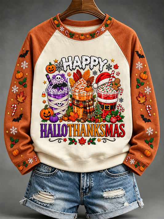 Women's Happy Hallothanksmas Print Halloween Thanksgiving Christmas Casual Sweatshirt
