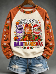 Women's Happy Hallothanksmas Print Halloween Thanksgiving Christmas Casual Sweatshirt