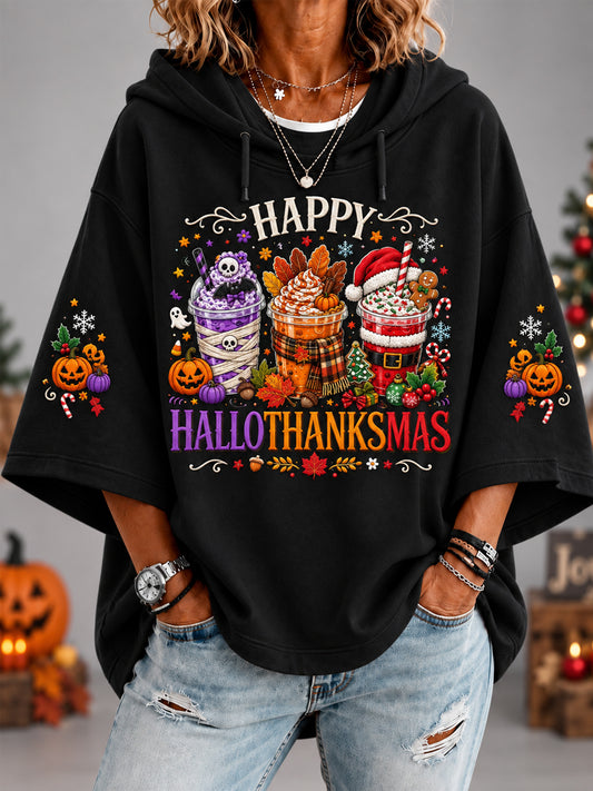 Women's Happy Hallothanksmas Print Halloween Thanksgiving Christmas 3/4 Sleeve Hoodie