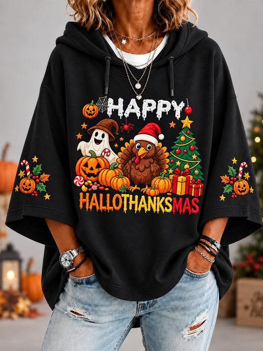 Women's Happy Hallothanksmas Print Halloween Thanksgiving Christmas 3/4 Sleeve Hoodie