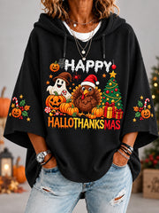 Women's Happy Hallothanksmas Print Halloween Thanksgiving Christmas 3/4 Sleeve Hoodie