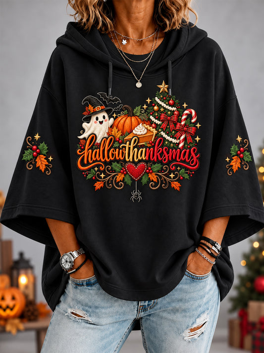 Women's Happy Hallothanksmas Print Halloween Thanksgiving Christmas 3/4 Sleeve Hoodie
