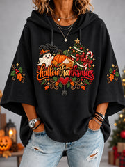 Women's Happy Hallothanksmas Print Halloween Thanksgiving Christmas 3/4 Sleeve Hoodie