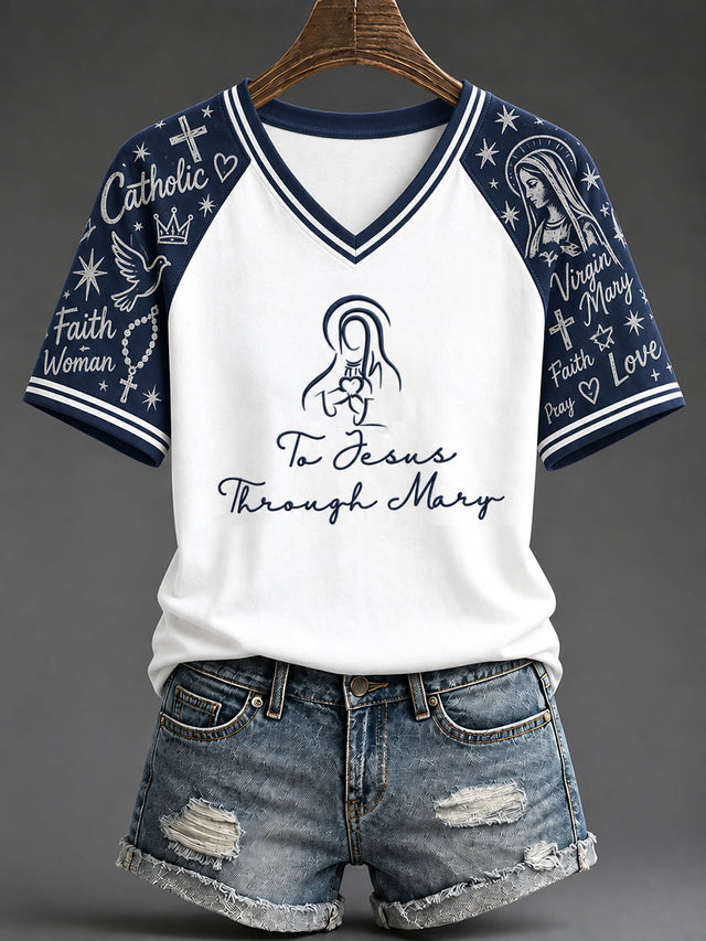 Women's "To Jesus Through Mary" Catholic Faith Virgin Mary T-Shirt