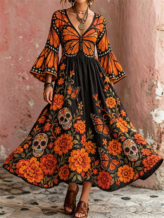 Women's Day of the Dead Butterfly Sugar Skulls Marigolds Floral Print Maxi Dress