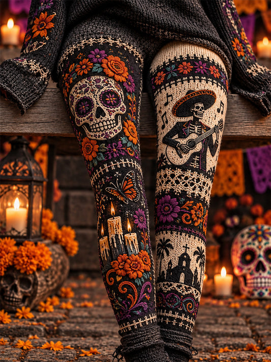 Women's Mexico Day of The Dead Art Print Casual Velvet Leggings