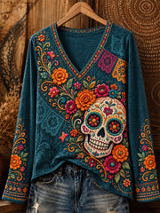 Women's Mexico Day of The Dead Art Print Casual Long Sleeve Shirt