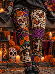 Women's Mexico Day of The Dead Art Print Casual Velvet Leggings
