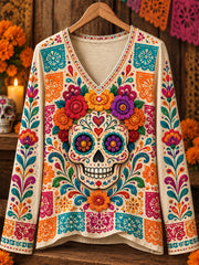 Women's Mexico Day of The Dead Art Print Casual Long Sleeve Shirt