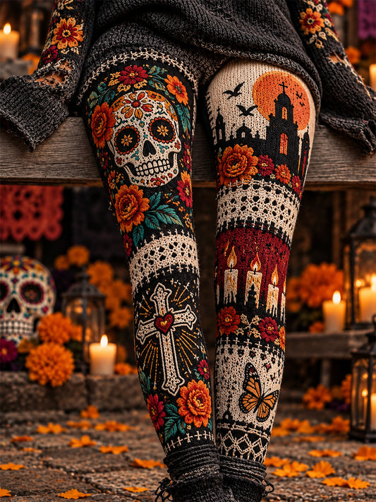 Women's Mexico Day of The Dead Art Print Casual Velvet Leggings
