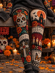 Women's Mexico Day of The Dead Art Print Casual Velvet Leggings