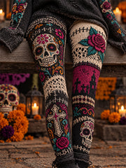 Women's Mexico Day of The Dead Art Print Casual Velvet Leggings