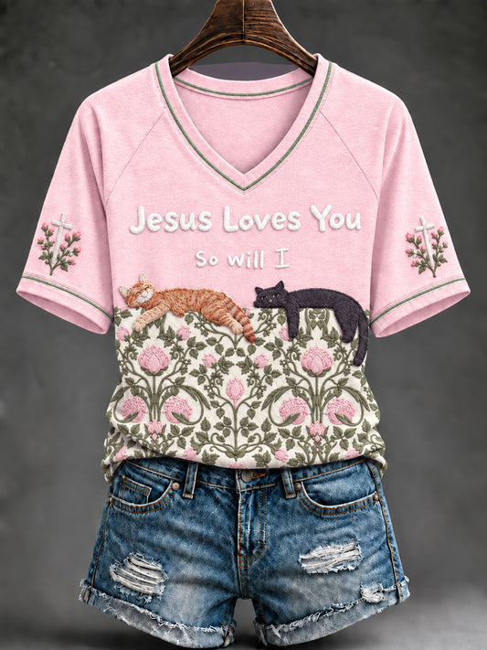 Women's Christian Jesus Loves You So Will I Cute Cats V-neck Short Sleeve T-shirt