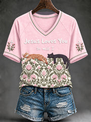 Women's Christian Jesus Loves You So Will I Cute Cats V-neck Short Sleeve T-shirt