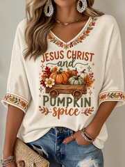 Women's Jesus Christ And Pumpkin Spice Mid-length Sleeves V-Neck T-Shirt