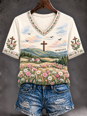 Women's Christian Matthew 6:25-34 Wildflower Cross V-neck Short Sleeve T-shirt