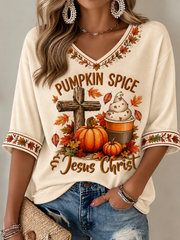 Women's Pumpkin Spice Jesus Christ Mid-length Sleeves V-Neck T-Shirt