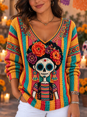 Women's Mexico Day of The Dead Art Print V-Neck Ribbed Top
