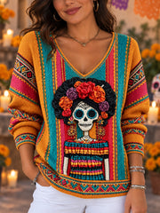 Women's Mexico Day of The Dead Art Print V-Neck Ribbed Top
