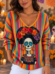 Women's Mexico Day of The Dead Art Print V-Neck Ribbed Top