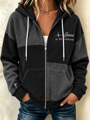 Women's Faith-Themed Color-Blocked Design Casual Zip-Up Hoodie